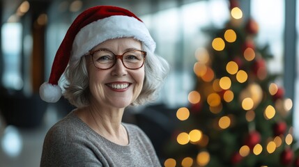 Portrait of a smiling happy elderly woman in a Christmas hat with a decorated Christmas tree in the background with space for text or inscriptions
