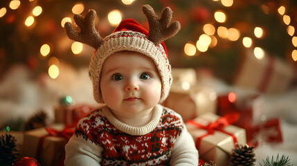 Wall Mural - Christmas baby with Christmas decoration celebrating