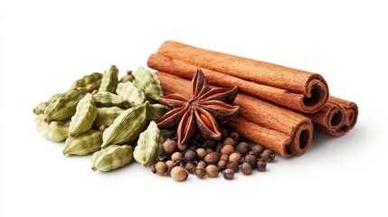 Cardamom, anise and cinnamon stick isolated on white background close up with space for text or inscriptions
