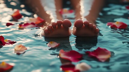 Woman's feet in water with rose petals, spa theme, rest relaxation and health renewal with space for text or inscriptions
