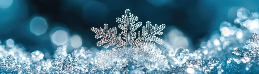 Poster - A close-up of a delicate snowflake resting on sparkling snow, showcasing intricate details against a soft blue background.