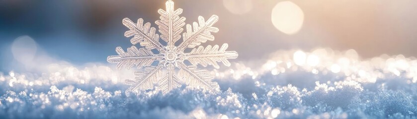 Poster - A delicate snowflake rests peacefully on a soft layer of snow, glistening in the gentle light of winter's embrace.