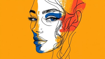 Wall Mural - Abstract modern face of a woman with a distressed effect. Trendy beauty symbol featuring colorful line art and freehand doodle style.