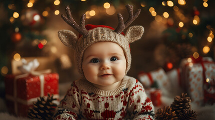 Wall Mural - Christmas baby with Christmas decoration celebrating