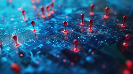 Poster - Geospatial map with red and blue pins, representing data insights for location analysis and strategic planning.