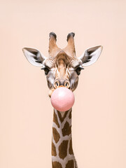 giraffe, with a pink chewing gum on the beige background
