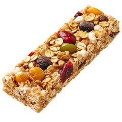 A granola bar with mixed nuts and dried fruits, on a transparent background