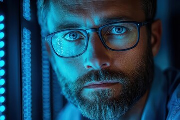 Wall Mural - moody portrait of it specialist in dark server room blue glow from screens illuminating face surrounded by racks of equipment cybersecurity concept