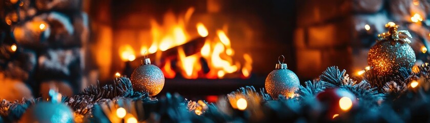 Aufkleber - A cozy Christmas atmosphere with a warm fireplace, decorated with festive ornaments and glowing lights for the holiday season.