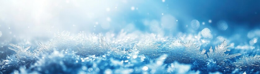 Poster - Close-up of beautiful frost patterns on a fresh snow surface, sparkling under sunlight, creating a serene winter atmosphere.