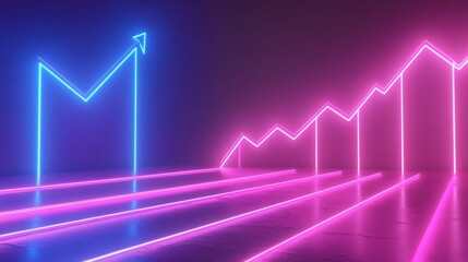 3D render of a minimalistic abstract backdrop with glowing lines extending upwards, featuring arrows, cyber motifs, and charts bathed in pink and blue neon lights against an ultraviolet spectrum.