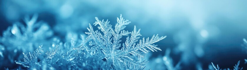 Poster - A close-up view of a delicate snowflake resting on a soft layer of frost, capturing the beauty of winter's chilling embrace.