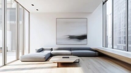 Airy minimalist living room with floor-to-ceiling windows and natural light. Sleek gray sofa, abstract art, and pale wood floors in a Scandinavian design. High-resolution wide-angle view.
