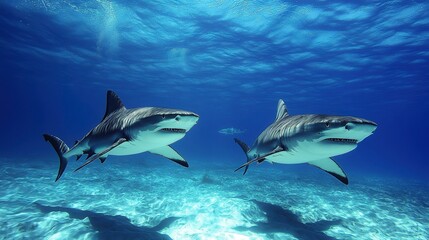 Canvas Print - Underwater Perspective of Two Tiger Sharks Swimming in the Blue Ocean, wide-angle , underwater photography , shark , ocean, marine life 