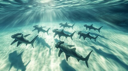 Wall Mural - Photorealistic image of a group of hammerhead sharks swimming in formation through the clear, deep ocean, their unique heads casting shadows on the sandy ocean floor. 