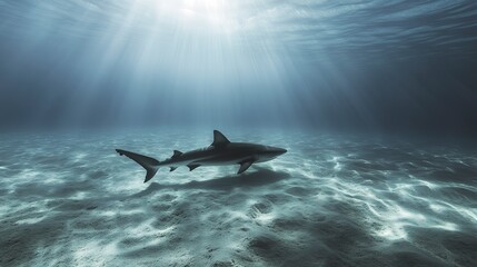 A minimal shadow of a shark passing over the ocean floor. 