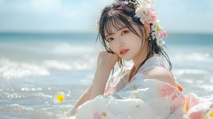 Beautiful Woman in Kimono on the Beach