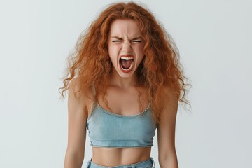 Poster - A woman with red hair is screaming in a blue tank top. Concept of anger and frustration