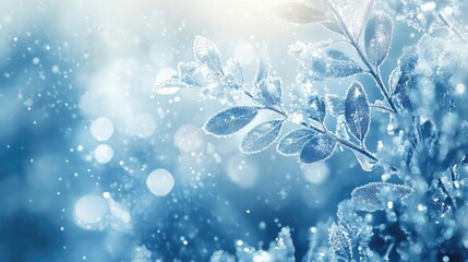 Poster - A serene close-up of icy blue leaves, glistening with dew against a soft, blurred background, evoking tranquility and winter beauty.