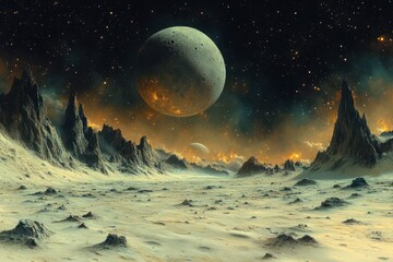 Wall Mural - otherworldly desert landscape under cosmic night sky colossal planets loom on horizon dusty atmosphe