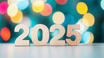 2025 new year typography written with wooden letter - new year bokeh background. 