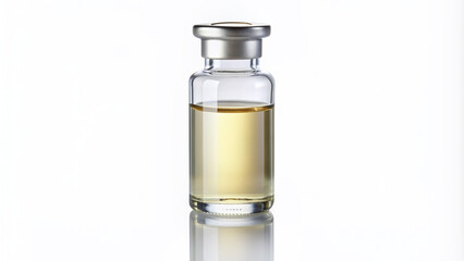 Clear glass vial filled with transparent ethanol liquid isolate on a pure white background, with subtle reflections and professional studio lighting.