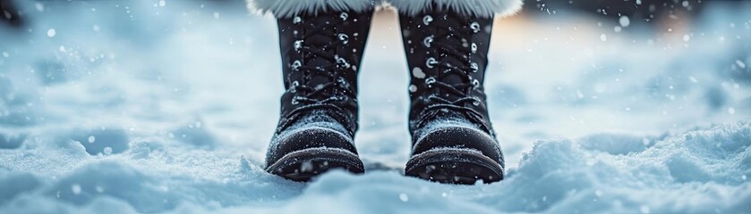 Poster - Close-up of winter boots standing in fresh snow, capturing a serene snowy landscape with soft snowfall and tranquil winter vibes.