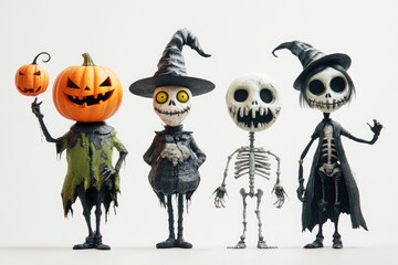 Four Spooky Halloween Characters with Pumpkin, Witch Hat, and Skeleton Heads