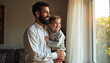 © Ali Hamza Tullah - Caring Arabian father hugging kid, touching shoulder with love, support, looking at window away, thinking on family future, little son upbringing, real estate investment