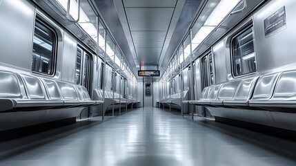 The modern subway train interior features sleek silver seats and a symmetrical corridor perspective, showcasing bright LED lighting and a minimalist design in an urban public transportation setting.