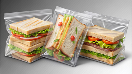 Clear plastic sandwich bags in various sizes and fold styles are isolated on a transparent background, ready for customization in food or lunchbox themes.