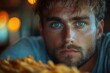 © furyon - poignant portrait of man contemplating unhealthy food choices chiaroscuro lighting focus on conflicted expression