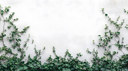 Wall Mural - A pristine white wall, adorned with creeping green ivy and scattered leaves at the bottom, illustrates a minimalist architectural aesthetic enhanced by natural light, simple design beauty.