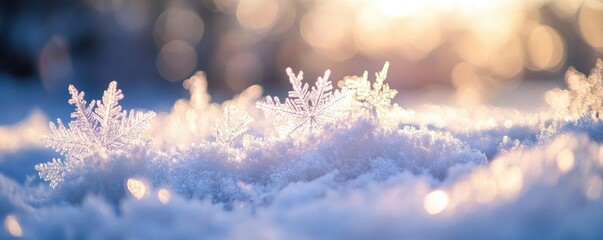 Poster - Delicate snowflakes rest gently on a sparkling blanket of snow, illuminated by soft winter sunlight, capturing nature's beauty.