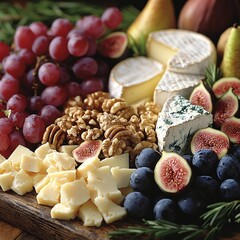 A close up view of an elegant, meticulously arranged cheese platter featuring a variety of gourmet cheeses like brie, gouda, and blue cheese, with textures ranging from soft to hard. Surrounding the