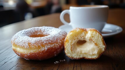 Wall Mural - A donut cut in half, showing its fluffy inside filled with rich cream, placed beside a coffee cup in a cozy caf setting.