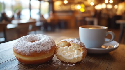 Wall Mural - A donut cut in half, showing its fluffy inside filled with rich cream, placed beside a coffee cup in a cozy caf setting.