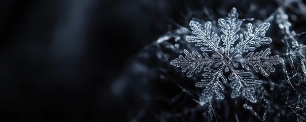 Poster - Intricate snowflake design against a dark backdrop, showcasing delicate patterns and frost, perfect for winter-themed projects.