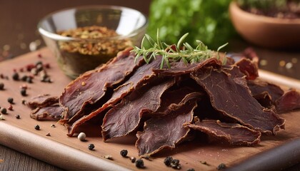 smoked beef jerky seasoned with herbs and spices on a table