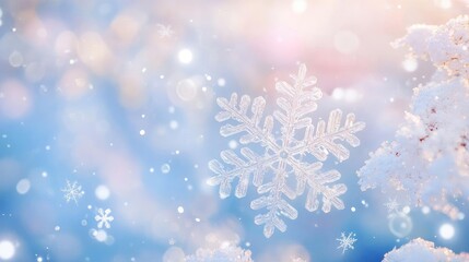 Poster - A stunning close-up of delicate snowflakes on a winter's day, capturing the beauty and serenity of a snowy landscape.