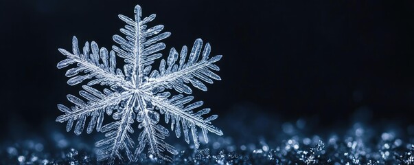 Poster - A beautiful close-up of a snowflake showcasing intricate ice patterns against a dark background, evoking winter's magic.