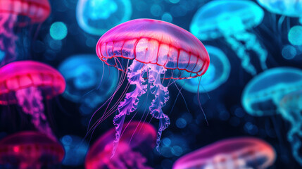 A group of jellyfish are floating in the water