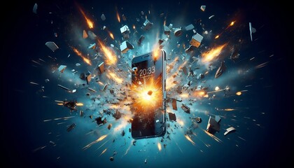 A cell phone is exploding in a blue background with lots of debris. The explosion is depicted in a way that makes it look like a real-life event. Scene is intense and chaotic.
