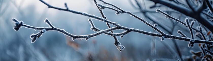 Poster - A serene close-up of a frosted branch in a tranquil winter landscape, evoking beauty and stillness in nature.