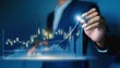 © TransPicHub - A businessman draws an upward arrow on a holographic graph, symbolizing growth and success in business.