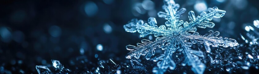 Poster - A stunning close-up of a delicate snowflake resting on a shimmering surface, capturing the beauty of winter's embrace.