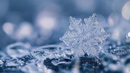 Poster - A close-up of a stunning snowflake resting on ice, showcasing intricate details and a cool blue background, perfect for winter themes.