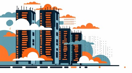 urban skyline, modern architecture, buildings, clouds, blue, orange, digital design, cityscape illustration, contemporary style, abstract elements, urban landscape, graphic art, colorful artwork