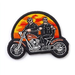 two men on a motorcycle with a sunset in the background. the patch is black and embroidered with whi
