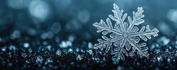 Aufkleber - A delicate snowflake glistens against a blurred icy background, capturing the beauty of winter's frost and tranquility.